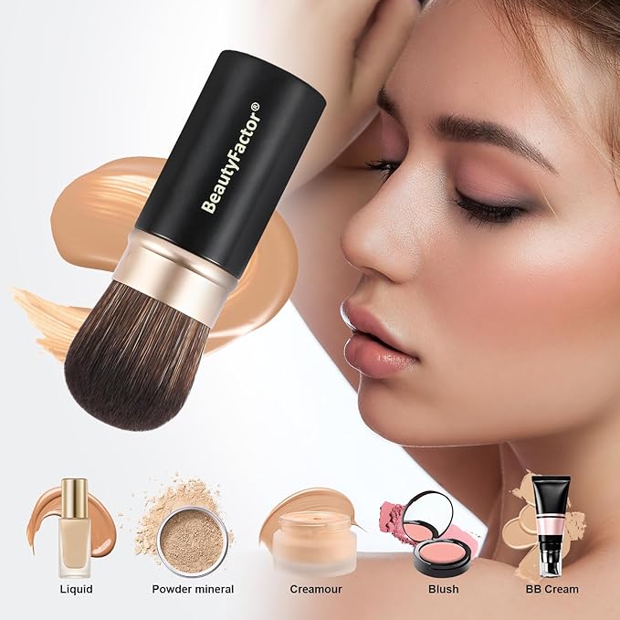 Retractable Kabuki Makeup Brush,Round Head Travel Makeup Brush Portable Brushes for Powder and Liquid Foundation, Bronzer, Blush and other face makeup With Aluminum Handle