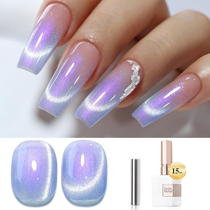 Double Rhythm 0.5 OZ Cat Eye Gel Polish with Magnet 15ML Holographic Glitter Shimmer Translucent Jelly Color Magnetic Nail Polish Salon DIY at Home (MC1001)