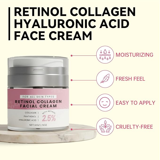 Retinol Moisturizer Cream with Hyaluronic Acid, Women Anti-age Cream, Beauty Hydrating Moisturizer for Wrinkle, Repair Dark Spots, Skin Tightening and Collagen Production, All Kinds of Skin, 1.76 oz