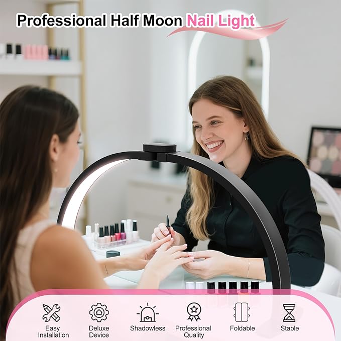 Nail Half Moon Light: Big LED Arch Nail Tech Table Lamp with Phone Holder - Salon Professional Desk Light 3 Mode Lighting Manicure Technician Use