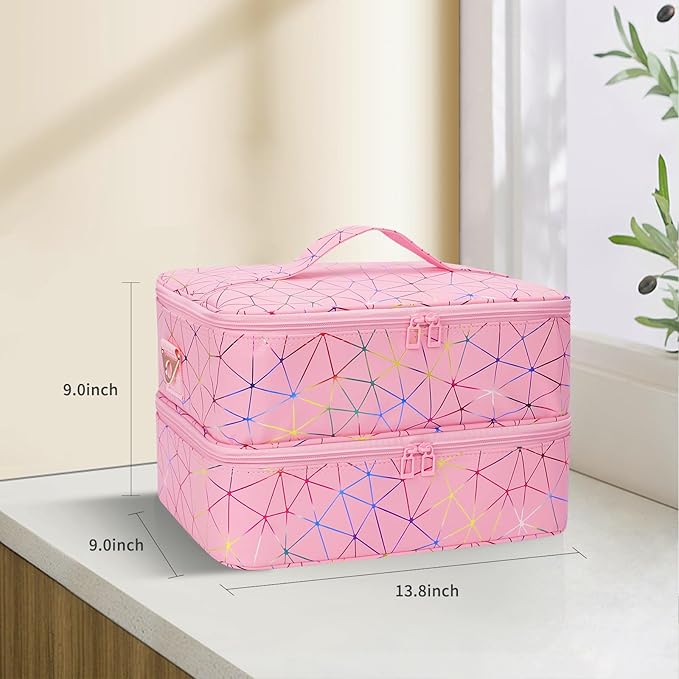 Ethereal Nail Polish Organizer Case Holds 50+ Bottles (5ml/0.5fl.oz) and Nail Lamp, Leather Nails Storage Organizer with Compartment, Diamond Pink