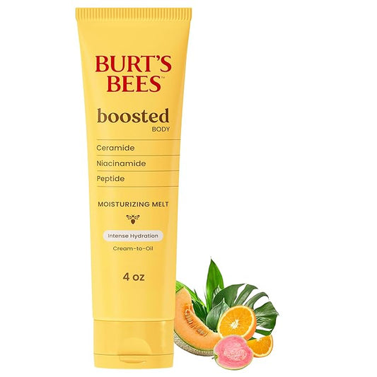 Burt's Bees Christmas Gifts, Boosted Body Moisturizing Melt With a Ceramide, Niacinamide and Peptide Complex, Intense Skin Hydration, Cream-to-Oil Body Lotion, Tropical Scented, 4 oz. Tube