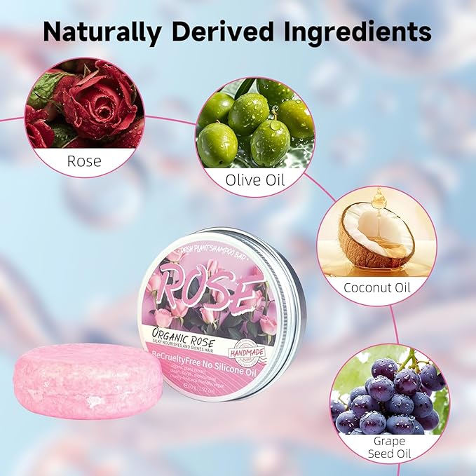 Handmade Solid Shampoo Bar Set of 2, Rose Hair Soap for Nourishing, Deeping Cleaning and Caring Scalp, Rose Flowers Extract Organic Shampoo Bars for All Hair Types, Sulfate & Silicone Free
