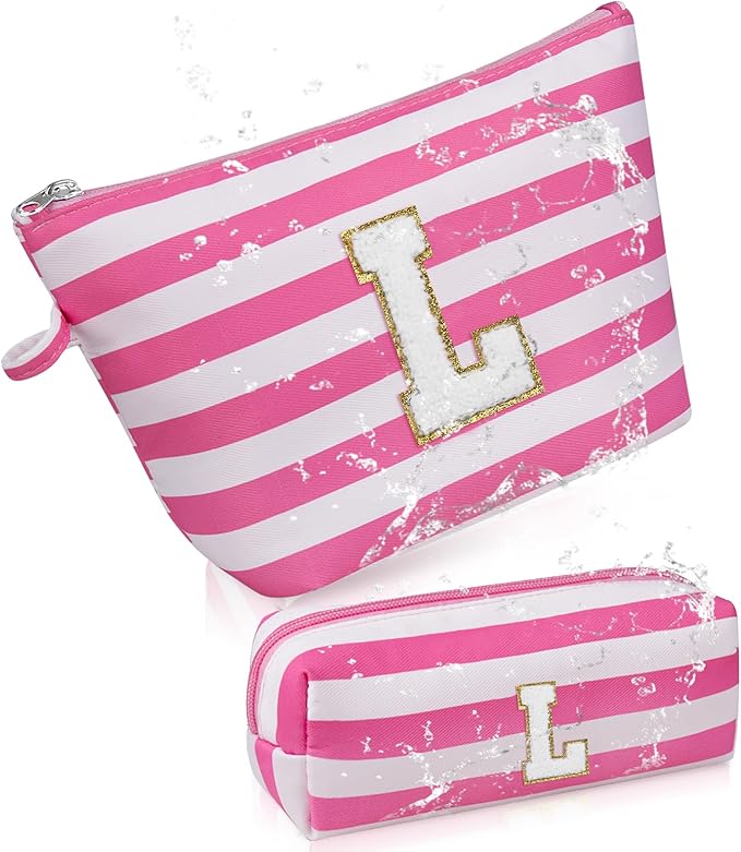Initial Makeup Bag Personalized Stripe Cosmetic Bag Cute Waterproof Travel Toiletry Bag Birthday Gifts for 10 11 12 13 14 15 16 Years Old Teen Girl Gift Trendy Stuff (Pink L)