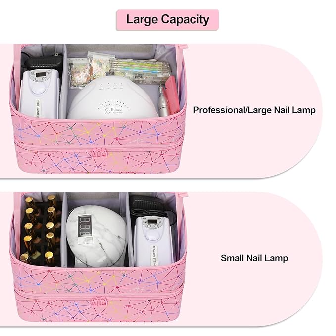 Ethereal Nail Polish Organizer Case Holds 50+ Bottles (5ml/0.5fl.oz) and Nail Lamp, Leather Nails Storage Organizer with Compartment, Diamond Pink