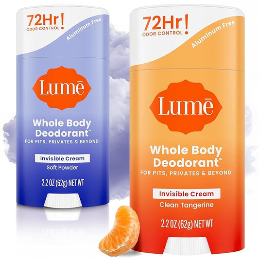 Lume Whole Body Deodorant - Invisible Cream Stick - 72 Hour Odor Control - Doctor Developed - Aluminum Free, Baking Soda Free and Skin Loving - 2.2 Ounce (2 pack) (Soft Powder & Clean Tangerine)