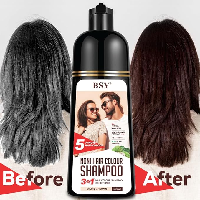 BSY Noni Hair color shampoo - 6 fl oz - Pump Pack | No Ammonia | 3 in 1 - Hair Dye Shampoo, conditioner for women | Noni Fruit Hair Dye for Men | 5 Minutes Hair Color (Dark Brown)