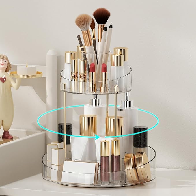 2 tier Makeup Organizer Countertop,360 Rotating Makeup Organizer for Skincare, Lipstick and Perfumes,Multi-function Cosmetic Display Cases for Vanity,Bathroom,Transparent