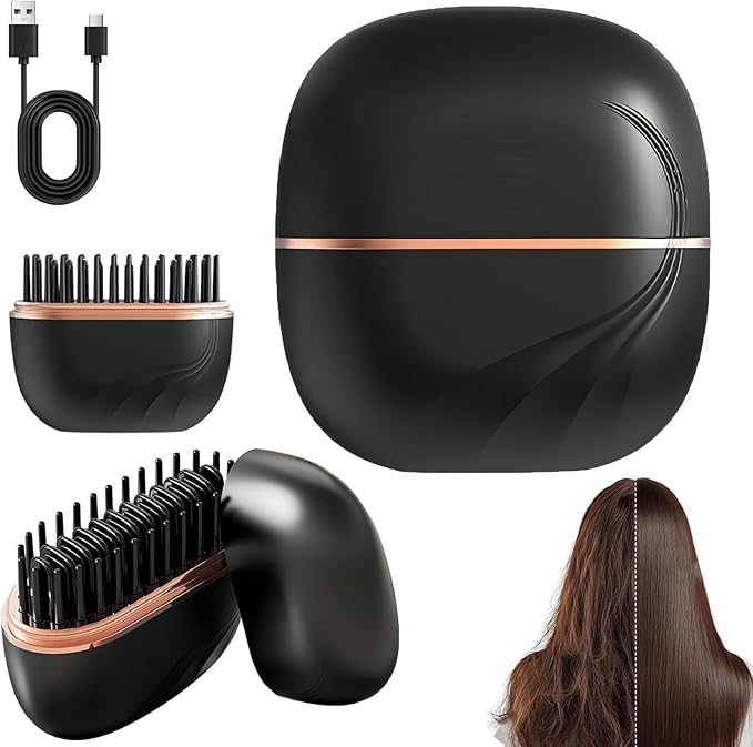 Mini Straightener Brush, Rechargeable Cordless Hair Straightener with 3-Temp Settings & Anti-Scald Shell, Fast Heating 30s Portable Hot Comb for Travel, Frizz Control for All Hair Types(Black)