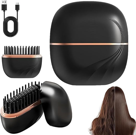 Mini Straightener Brush, Rechargeable Cordless Hair Straightener with 3-Temp Settings & Anti-Scald Shell, Fast Heating 30s Portable Hot Comb for Travel, Frizz Control for All Hair Types(Black)