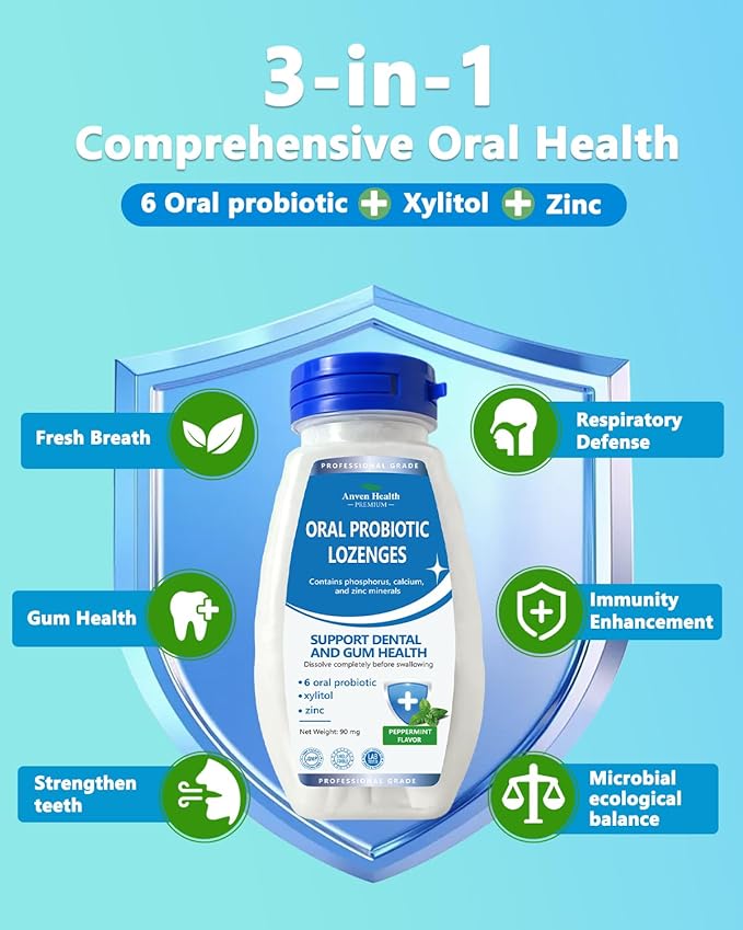 Oral Probiotics Lozenges for Mouth Bad Breath & Gum Repair - Mineral Fusion with Zinc + Calcium for Dry Mouth Relief, Enamel Shield, Mint Flavor with Xylitol - 270 Lozenges, Sugar-free