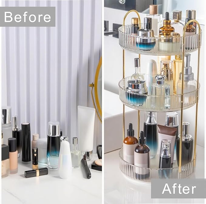 360° Rotating Makeup Organizer, Bathroom Make Up Spinning Holder Rack, Large Capacity Cosmetics Storage Vanity Shelf Countertop, Fits Cosmetics, Perfume, Skincare, Lipsticks(1 Tier, Clear)