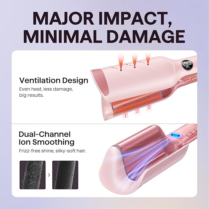Wavytalk Power Wave Hair Crimper, Curling Iron Waver for Women, Beach Waves Curling Wand, Ventilation Design for Less Damage, Ionic Reduces Frizz, Lightweight Curler, Dual Voltage Crimping Iron, Pink