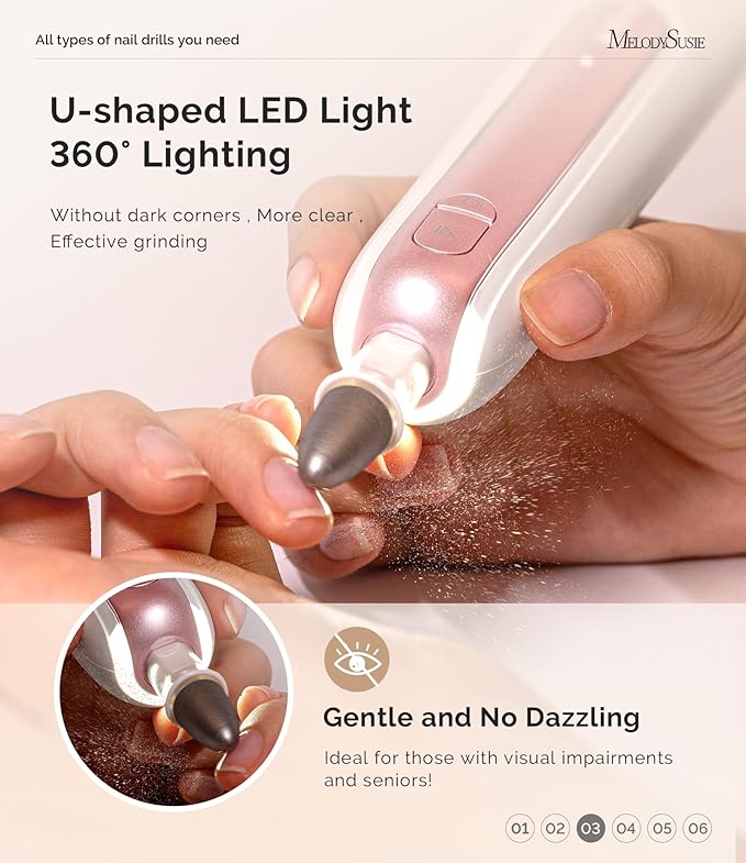 MelodySusie Cordless Pedicure & Manicure Nail Drill Kit, PC760G for Salon-Quality Foot Care for Home & Travel, Rechargeable with 5 Speeds, 8-in-1 Bits, 360° LED Light & Anti-Dust Shield