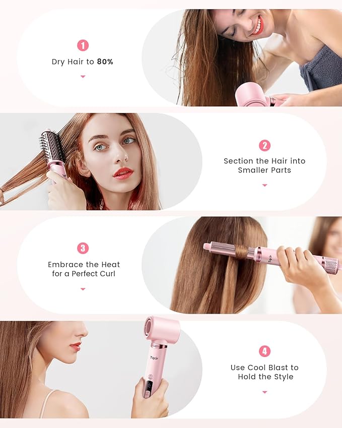 8-in-1 Professional Hot Air Styler&Hair Dryer Brush, Powerful Multi-Styler with Auto-Wrap Curler with Storage Case, Fast Drying Curling Straightening Volumizing Without Heat Damage(Pink)
