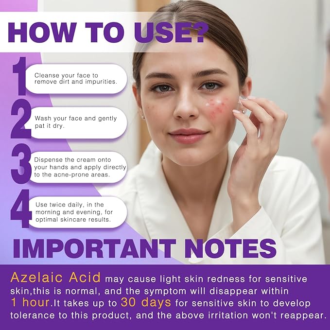 14% Azelaic Acid Acne Cream, Premium Azelaic Acid Facial Cream - Redness Relief For Face, Redness Reducing Skin Care, Prevents Acne Breakouts, Ease Pimple Clarify Skin Soothe Irritation,1 Oz