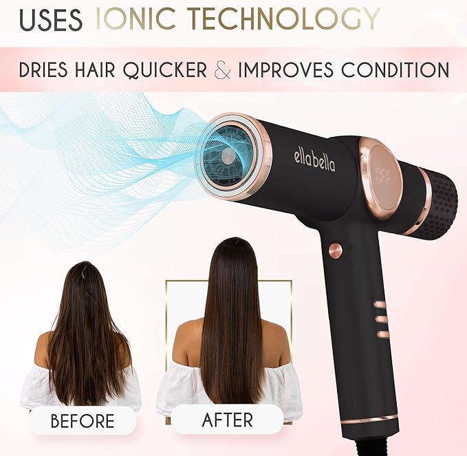 ELLA BELLA® Professional Ionic Hair Dryer with Diffuser • Negative Ion Blow Dryer • Suitable All Hair Types • Intelligent Heat Control & Rapid Drying Speeds • Lightweight Design • Low Noise Technology