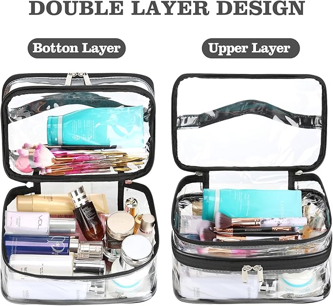 HAOGUAGUA Double Layer Clear Cosmetic Bag Makeup Bag, Waterproof Travel Toiletry Bag, Transparent PVC Pouch Organizer (Black-large)
