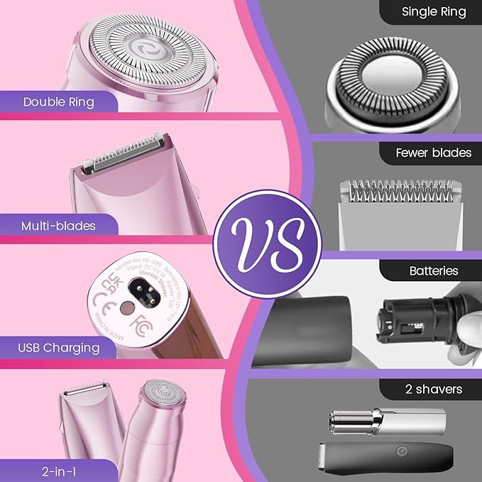 Bikini Trimmer for Women 2 in 1 Electric Razors for Women - Wet and Dry Electric Lady Shaver, Smooth Facial Hair Remover and Body Hair Trimmer for Bikini,Leg, Underarm, Face, Private Area (Rose)