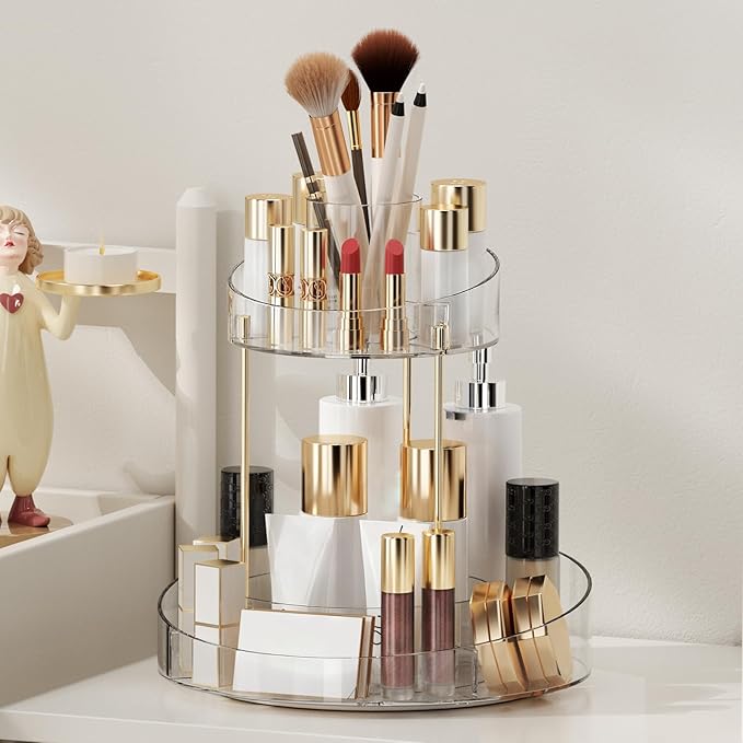 2 tier Makeup Organizer Countertop,360 Rotating Makeup Organizer for Skincare, Lipstick and Perfumes,Multi-function Cosmetic Display Cases for Vanity,Bathroom,Transparent