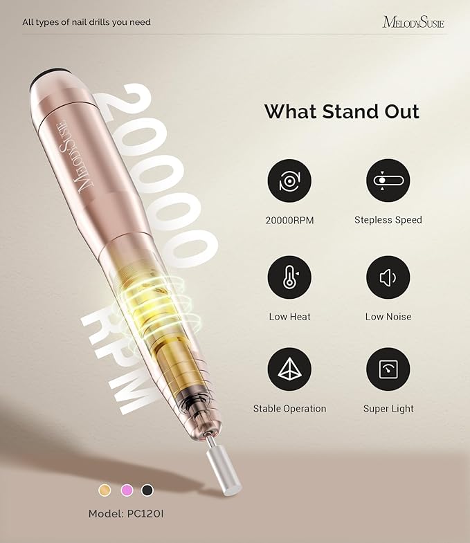MelodySusie Pen-Shaped Portable USB Nail Drill, PC120I 20000RPM Electric Nail File with Compact Design for All Nail Care, Manicure Polishing, Shaping & Gel Removal at Home for Beginners