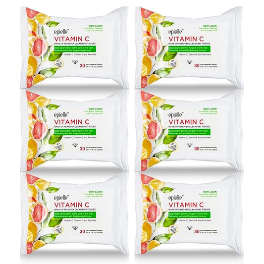 Epielle New Makeup Remover Cleansing Wipes Tissue - Cucumber 30 Count 6 Pack | Gentle for all Skin Types | Daily Facial Cleansing Towelettes | Removes Dirt, Oil, Makeup (Vitamin C)