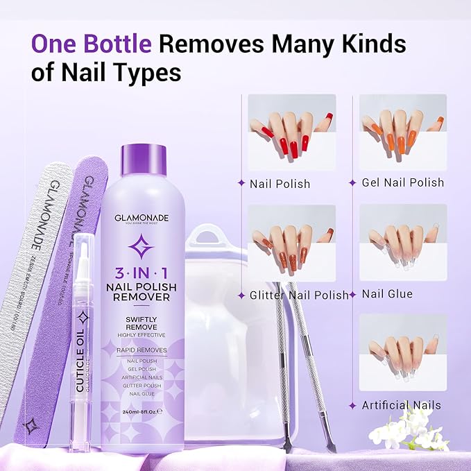 Acetone Nail Polish Remover Kit: Soak off Gel Polish Remover Includes Nail File, Nail Buffer Block, Cuticle Pusher, Cuticle Peeler, Nail Polish Soak Off Bowl & Cuticle Oil(8 Fl.Oz.)