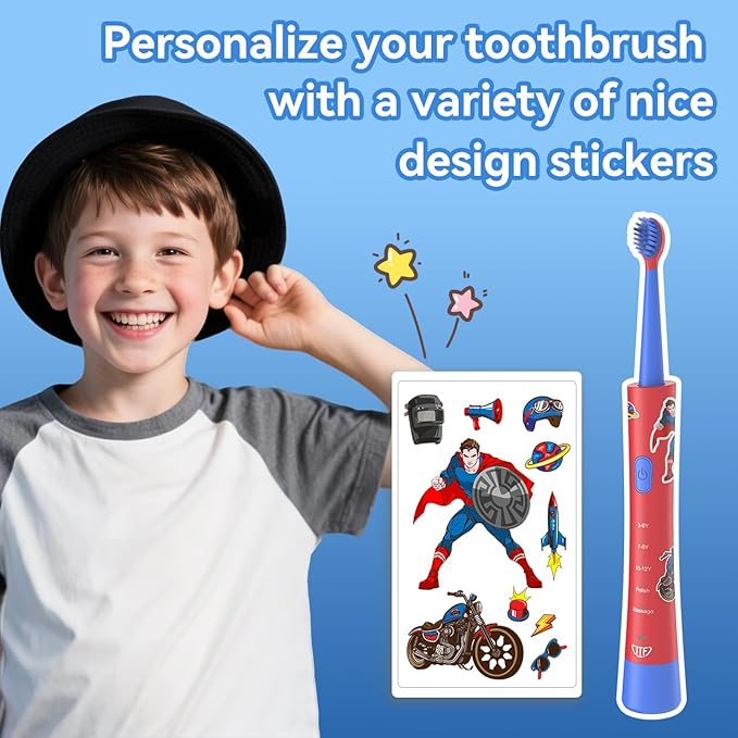 JTF Kids Electric Toothbrush Rechargeable: Sonic Tooth Brush with Smart Timer 5 Brushing Modes 4 Soft Small Brush Heads DIY Sticker and IPX7 Waterproof, Portable Children Toothbrushes for Boy, Ages 3+