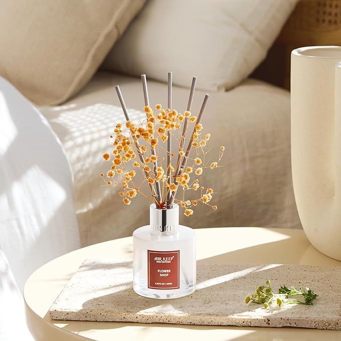Airkeep Reed Diffuser Set,3.38 fl oz (100 ml) - Flower Shop Oil Diffusers with 8 Reed Sticks, Home Fragrance Reed Diffuser for Bathroom Shelf Decor