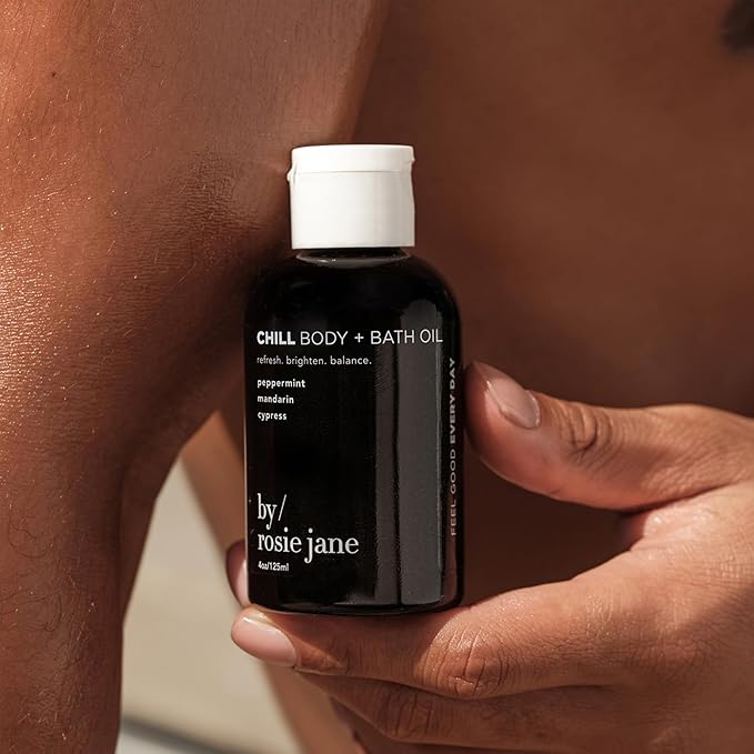 By Rosie Jane Chill Bath & Body Oil - Nourishing Body & Bath Oil to Leave Skin Soft, Smooth & Glowing - Enriched with Peppermint, Mandarin & Cypress - Brightens and Boosts Collagen (125ml)