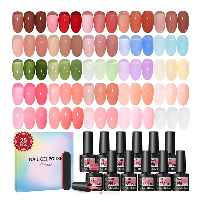 COSCELIA Jelly Gel Polish Set 25pc Brown Fall Colors Translucent Ice Jelly Gel Nail Polish for Women All Seasons Red Green Blue Pink Nail Manicure Kit Salon DIY at Home Christmas Gifts for Women