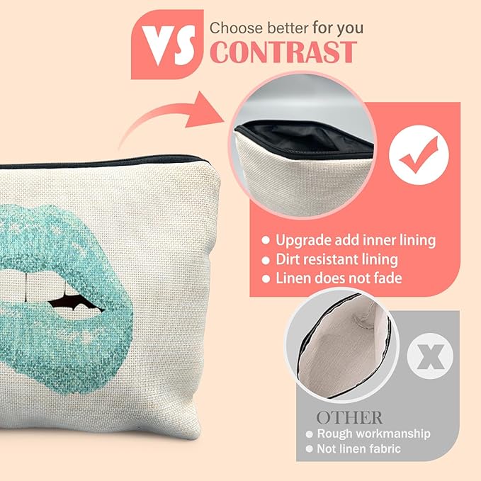 Trendy Teal Makeup Bag for Women, Turquoise Glitter Lip Bite Modern Aesthetic Cosmetic Bag for Purse, Preppy Girly Makeup Zipper Pouch