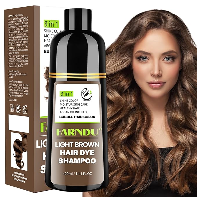 FARNDU Light Brown Hair Dye Shampoo 3 in 1 with Argan Oil – 10-15 Min Gray Coverage, Natural Instant Hair Color Shampoo for Women and Men, Long-Lasting Up to 6 Months, Ideal Christmas Gifts