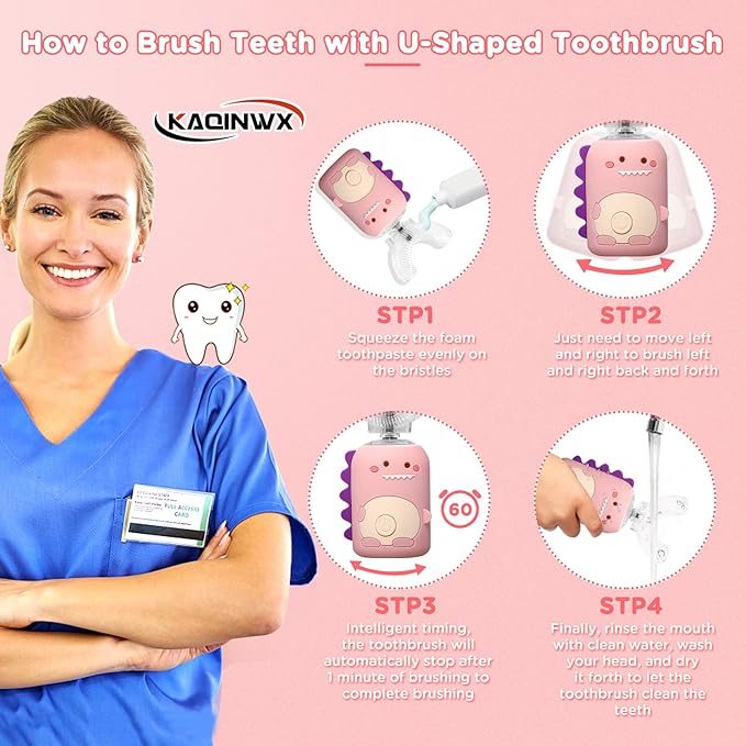 Kids U Shaped Electric Toothbrush for Age 2-12, Rechargeable Toddler Toothbrush with Smart Timer & 3 Clean Modes, Dinosaur Design, IPX7 Waterproof, 3 Brush Heads & 360°Cleaning