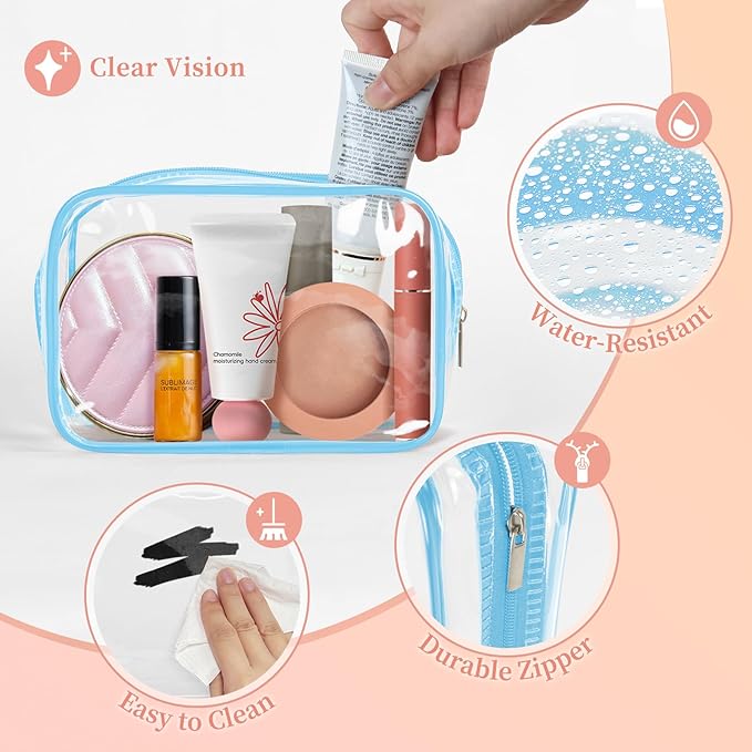 TISRATOK 12 PCS Clear Makeup Bag for Women with Zipper, TSA Approved Toiletry Pouch, Cosmetic Bag Bulk for Travel Organizer Essentials - Blue,Small