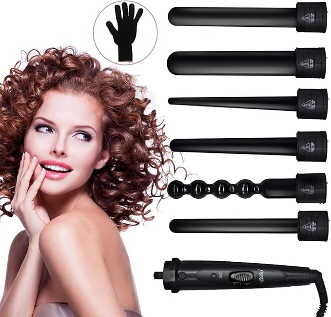 6 in 1 Curling Iron Wand Set with 6 Interchangeable Ceramic Barrels and Heat Protective Glove (Black-6in1) (Black-6)
