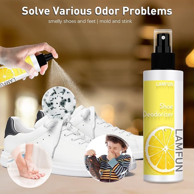 Shoe Deodorizer Spray, Lamfun Natural Odor Eliminator for Smelly Feet, Shoes and Gym Bags, Foot Deodorant Fights Odor, Lemon Fragrance, 150ml