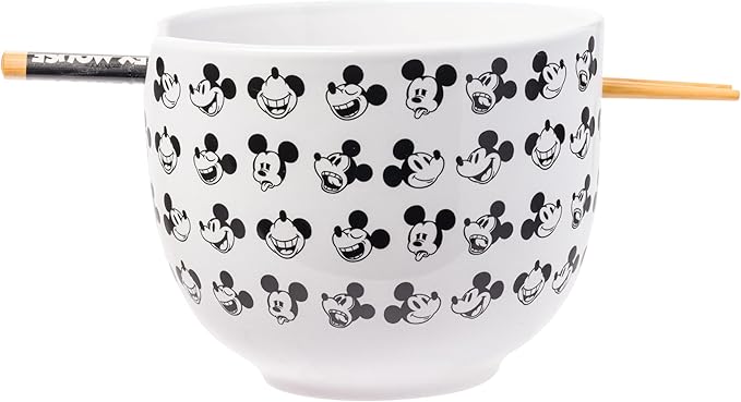 Silver Buffalo Disney Mickey Mouse Expressions Ceramic Ramen Noodle Rice Bowl with Chopsticks, Microwave Safe, 20 Ounces