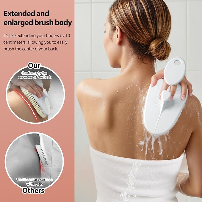 Ergonomic Large Size Back Cleansing Brush for Men & Women's Showers Extra-Large Curved Soft-Bristle Brush for Body Cleansing & Exfoliation,White