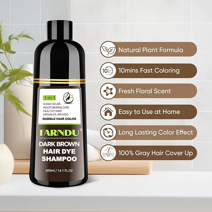 FARNDU Dark Brown Hair Dye Shampoo 3 in 1 with Argan Oil – 10-15 Min Gray Coverage, Natural Instant Hair Color Shampoo for Women and Men, Long-Lasting Up to 6 Months