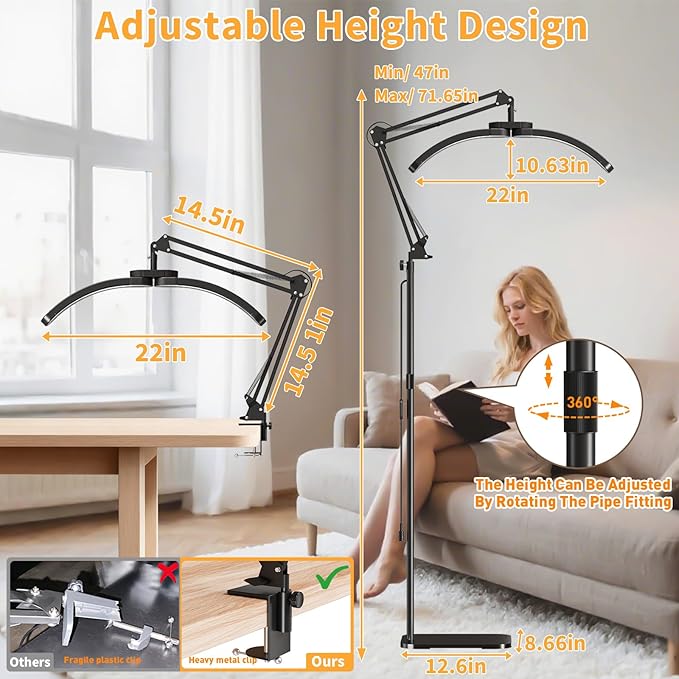 New Upgrad 2-in-1 Lash Light for Eyelash Tech, Foldable LED Half Moon Floor Lamp, Esthetician Light for Tattoo Art, Nail, Craft,Extensions - Adjustable Brightness Color, Rotating Arm(Black)
