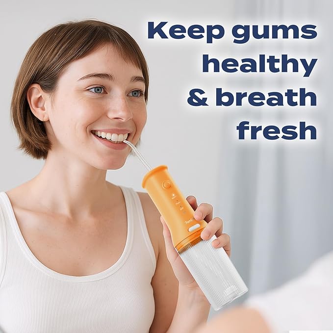 7AM2M Portable Water Flosser Cordless, Water Flosser for Teeth with 3 Modes and 2 Jet Tips, USB C Rechargeable, IPX7 Waterproof, Dental Water Flosser for Travel and Home Use (Orange)