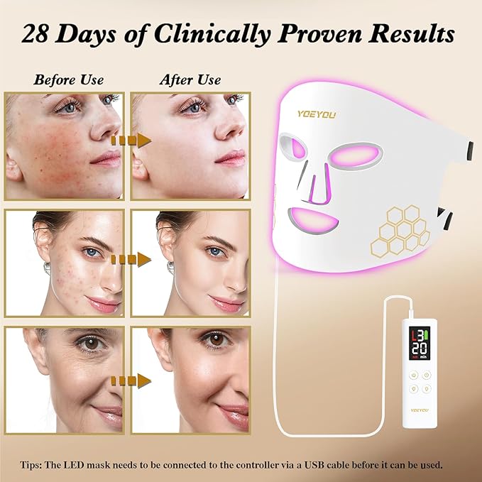 Red Light Therapy for Face, Infrared LED Face Mask Light Therapy 4 Light Waves with 850nm Near Infrared, Portable Rechargeable Red Light Therapy Mask Skincare Device for Facial Rejuvenation