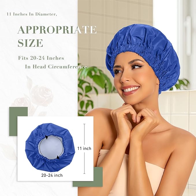 Reusable Shower Cap for Women, Large Waterproof Shower Essentials Bonnet Washable Elastic Band Bath Hair Wrap Hat for Long Hair, Braids(Dark Blue)