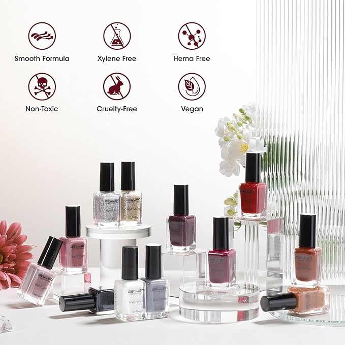 GELLEN 12 Colors Nail Polish Set, Fall Winter Trendy Air Dry Regular Nail Polish for Women Fingernail Toe Nails, Not UV Gel, Hema Free, Non-toxic, Black White Gray Nude Red Brown Gold Silver Set