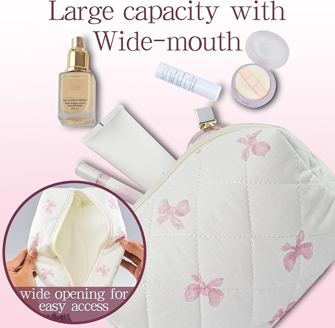 Quilted Makeup Pouch,Cotton Puffy Makeup Bag, Coquette Cosmetic Bag for Women and Girls, Aesthetic Organizer Bag, Cute Flower Travel Toiletry Bag