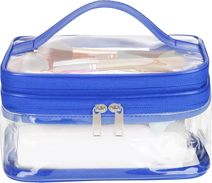 HAOGUAGUA Double Layer Clear Cosmetic Bag Makeup Bag, Waterproof Travel Toiletry Bag, Transparent PVC Pouch Organizer (Blue)