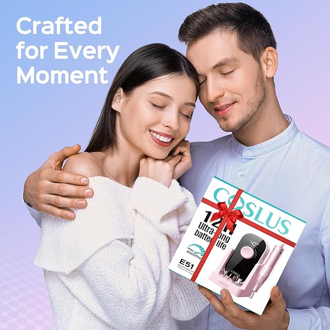 COSLUS Professional Electric Nail Drill, 40000 RPM Portable Rechargeable Nail File with Storage Stand for Acrylic Gel Polishing Removing - Easy to Use for Women, Manicure at Home DIY or Salon, Pink