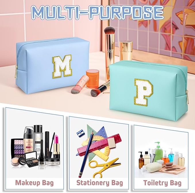 TOPEAST Preppy Stuff for Girls, Initial Makeup Bag Chenille Letter Pouch Cosmetic Bag with Zipper, PU Leather Waterproof Toiletry Bag, Cute Stuff Birthday Gift for Friends Sister (Sky Blue T)