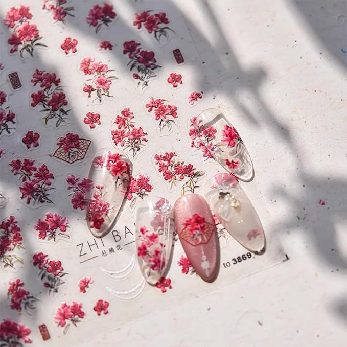 Spring Summer Nail Art Stickers 5D Self Adhesive Nail Decals Red Flower Nail Stickers for Nail Art Embossed Nails Design Floral Nails Supplies for DIY Manicure Decoration for Women Girls